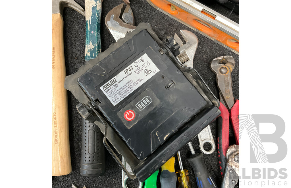 Assorted Hand Tools, ARLEC Work Light and RYOBI Tools Bag