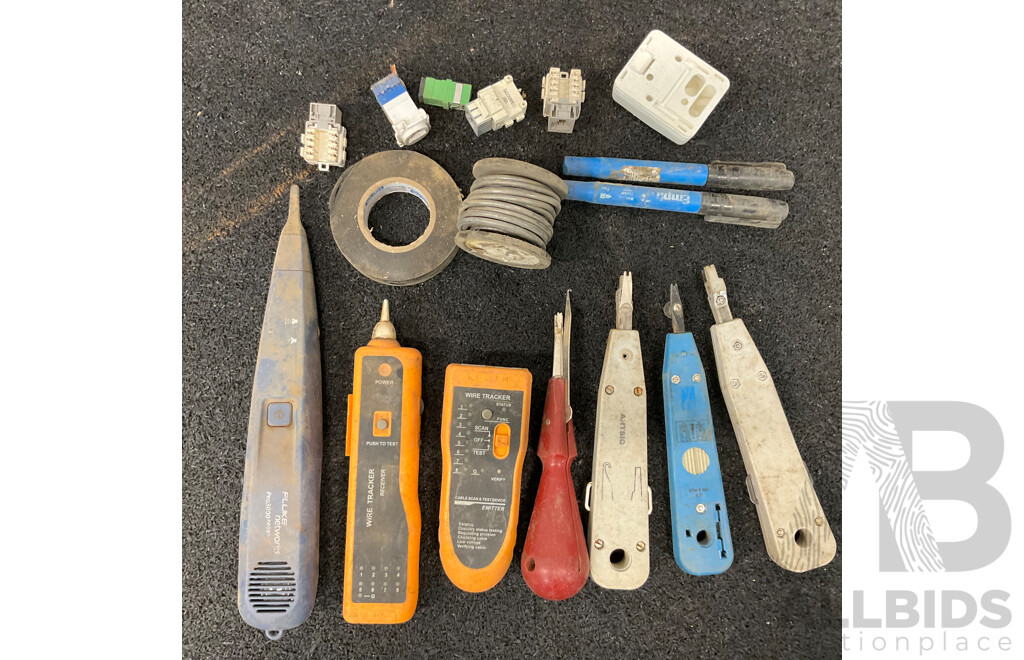 Assorted Telecommunications and Data Cabling Tools, Including FLUKE Networks Pro3000 Probe, Network Cable Tester and Others