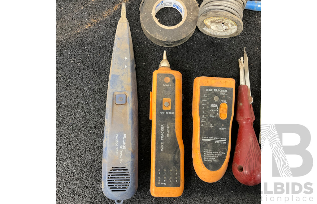 Assorted Telecommunications and Data Cabling Tools, Including FLUKE Networks Pro3000 Probe, Network Cable Tester and Others