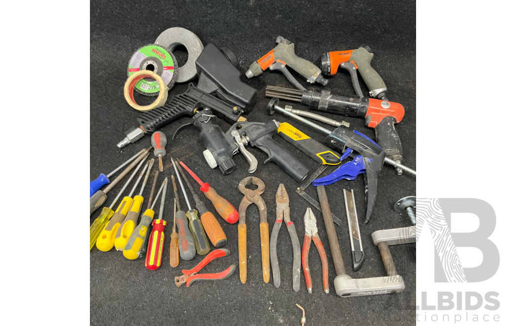 Assorted Hand Tools, Air Blast Guns, Compressed Air Needle Scaler and Others