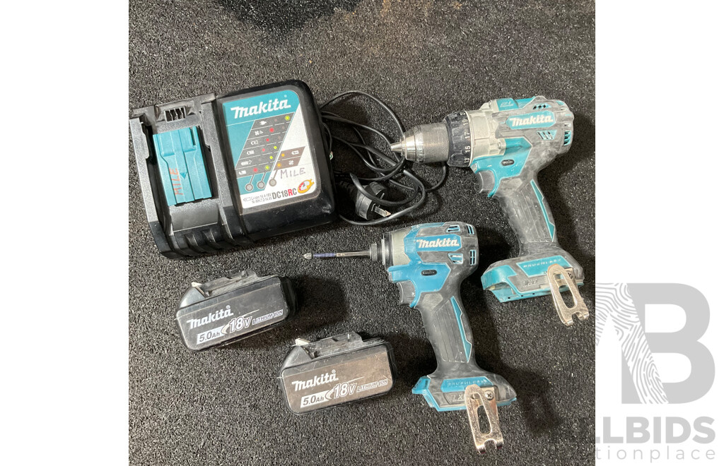 MAKITA 18V Kit, Including Hammer Drill Driver (DHP486), Impact Driver (DTD173), Battery Charger (DC18RC) and 2x 5.0ah Battery - Lot of 5