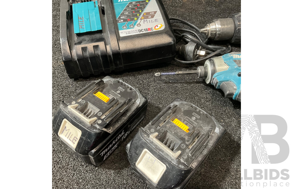 MAKITA 18V Kit, Including Hammer Drill Driver (DHP486), Impact Driver (DTD173), Battery Charger (DC18RC) and 2x 5.0ah Battery - Lot of 5