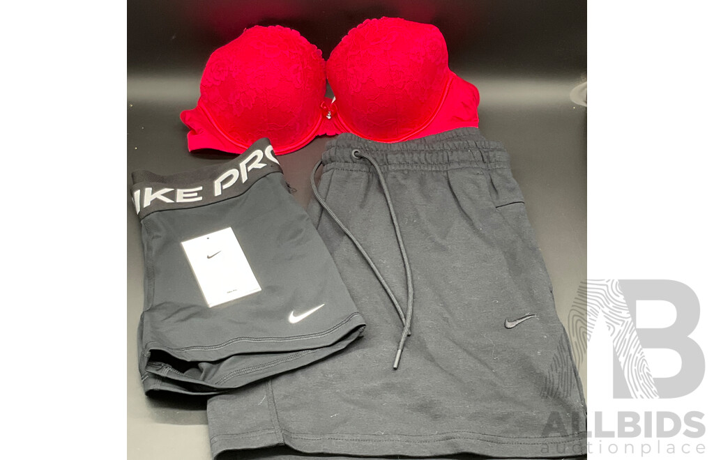 NIKE Pro Women's Shorts (M), NIKE Shorts (M) and Bras N Things Red Lace Balconette Bra (16C)  - Lot of 3