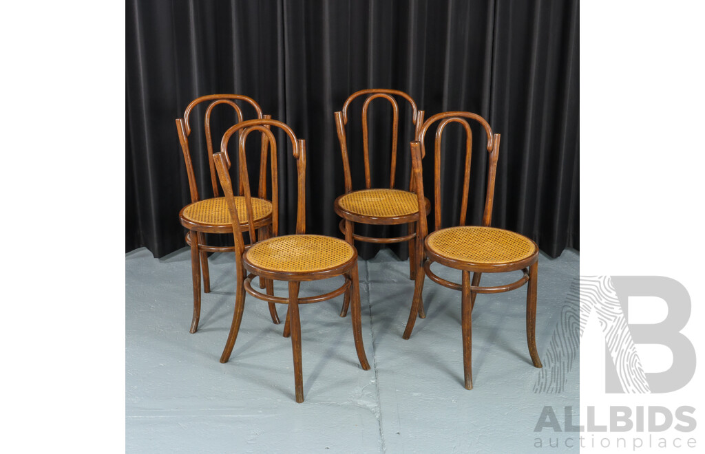 Set of Four Bentwood Dining Chairs with Rattan Seats
