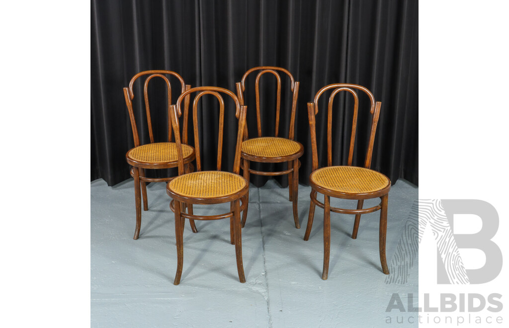 Set of Four Bentwood Dining Chairs with Rattan Seats