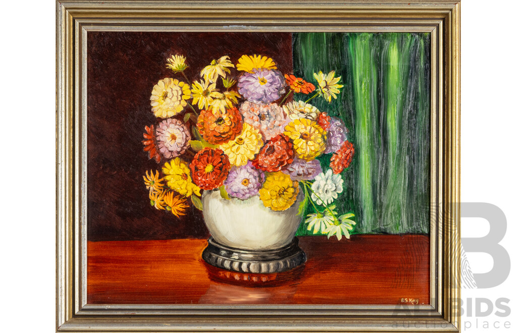 E.S.Kay, (20th Century), Summer Arrangement, Original Vintage Oil on Masonite Board, 49H x 59W cm (frame)