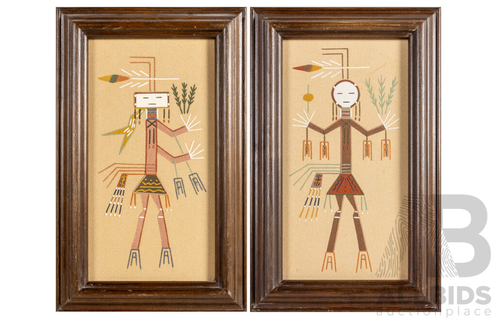 John L. Begay (20th Century, Navajo, Active c1970-80s), Yei - Male & Lightening Girl, Pair of Vintage Sand Paintings Used in Certain Navajo Rituals, 41H x 26W cm (frames) (2)
