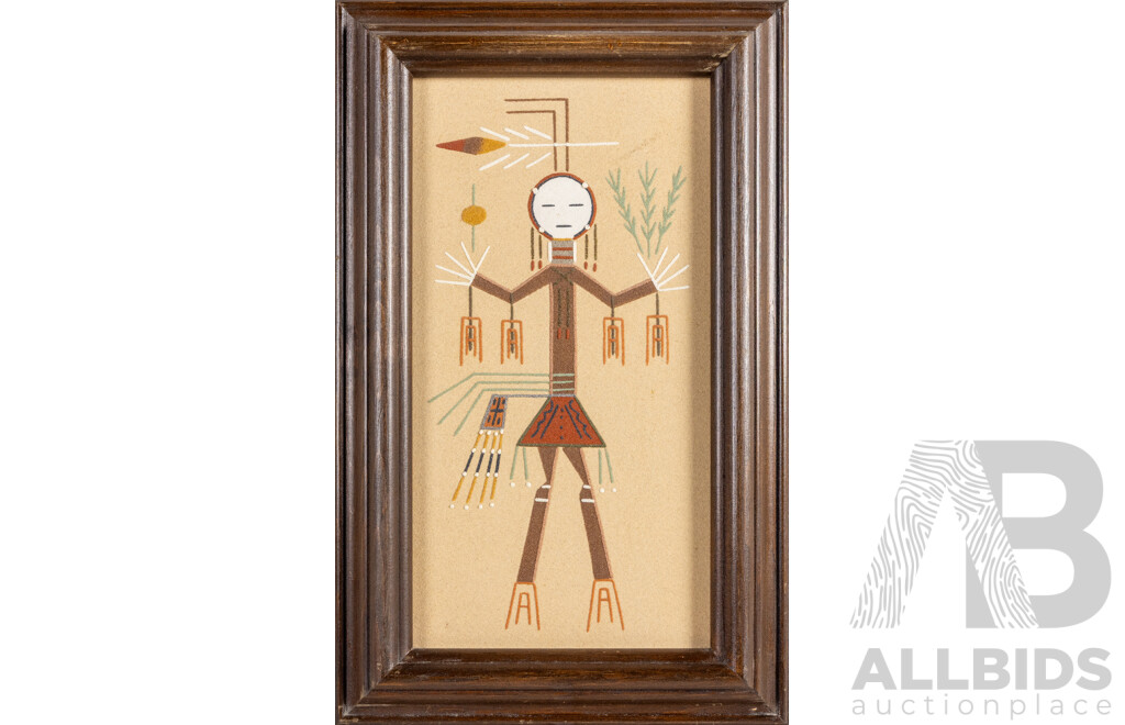 John L. Begay (20th Century, Navajo, Active c1970-80s), Yei - Male & Lightening Girl, Pair of Vintage Sand Paintings Used in Certain Navajo Rituals, 41H x 26W cm (frames) (2)