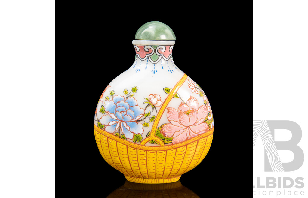 Chinese Enameled Glass Snuff Bottle with Hand Painted Flower Basket Design, 7H x 5W x 2.5D cm (dimensions approx)