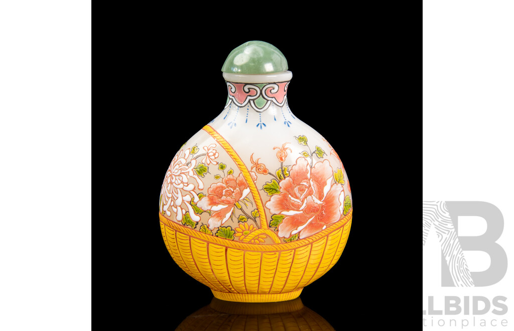 Chinese Enameled Glass Snuff Bottle with Hand Painted Flower Basket Design, 7H x 5W x 2.5D cm (dimensions approx)