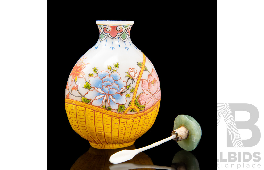 Chinese Enameled Glass Snuff Bottle with Hand Painted Flower Basket Design, 7H x 5W x 2.5D cm (dimensions approx)