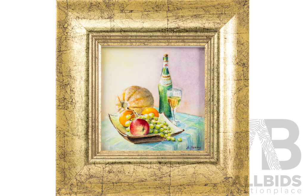Eva Henry (20th Century, Hungarian-Born Australian), Still Life, - Fruits and Frascati, Original Miniature Watercolour, 19H x 19W cm (frame)