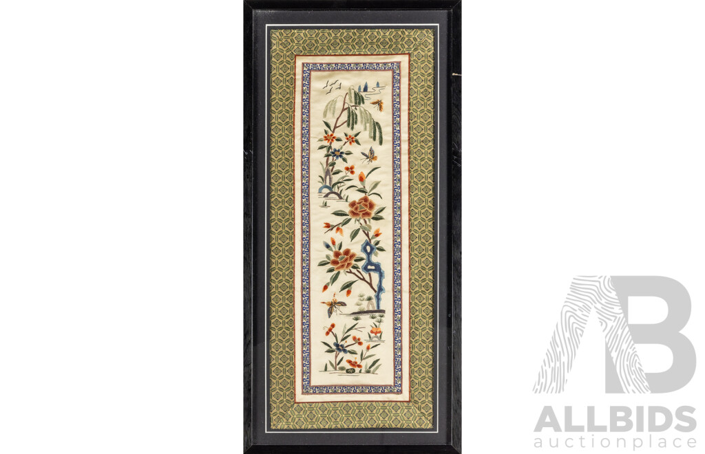 Artist Unknown (20th Century, Chinese), Springtime Harmony, Vintage Hand Emrboidered Silk Panel, 67H x 32W cm (frame)