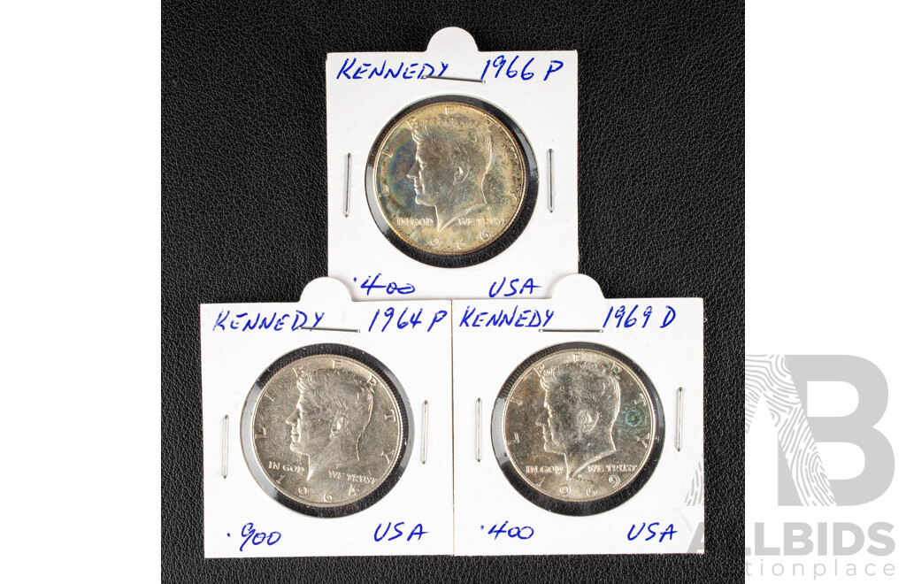 Three USA Silver Kennedy Half Dollars 1964P, 1966P, 1969D
