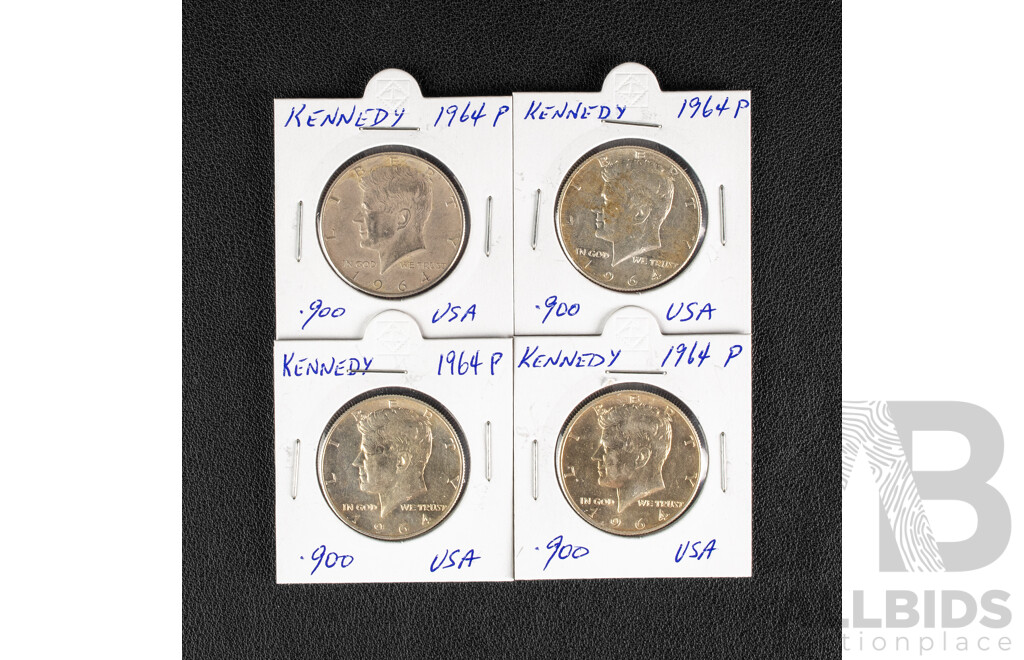 Four USA 1964P Silver Kennedy Half Dollars .900