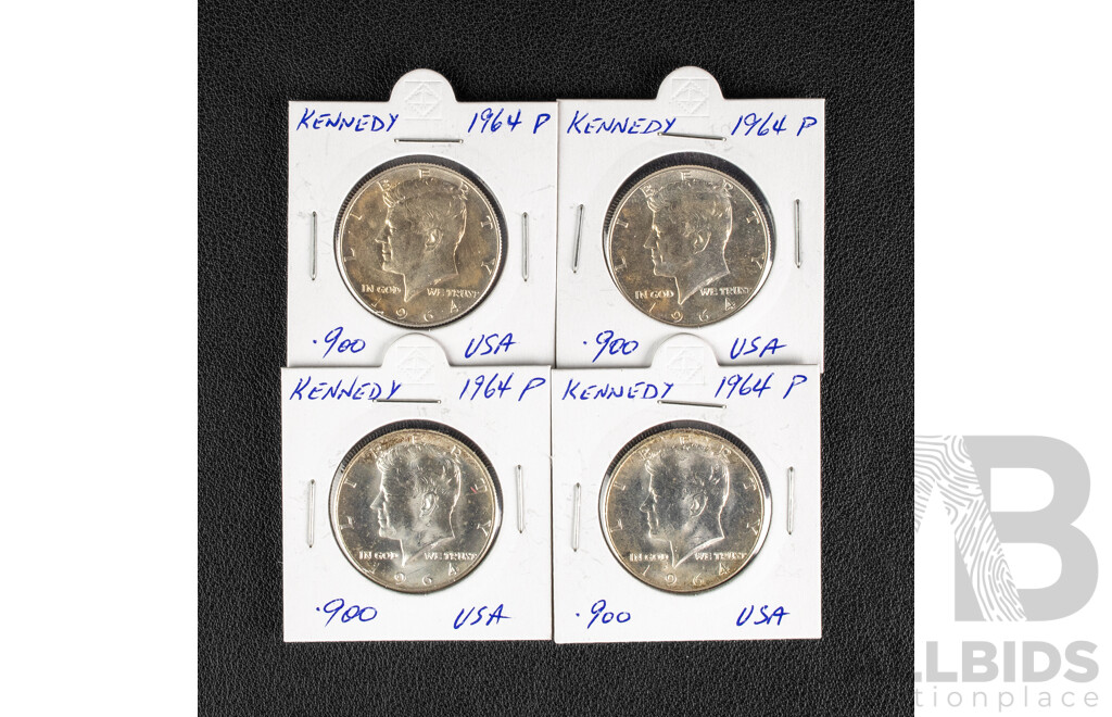 Four USA 1964P Silver Kennedy Half Dollars .900