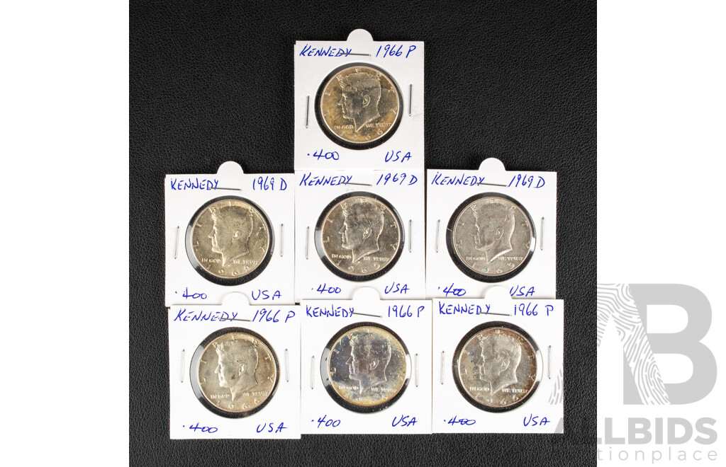 Seven USA Silver Kennedy Half Dollars Including Four 1966P and Three 1969D .400