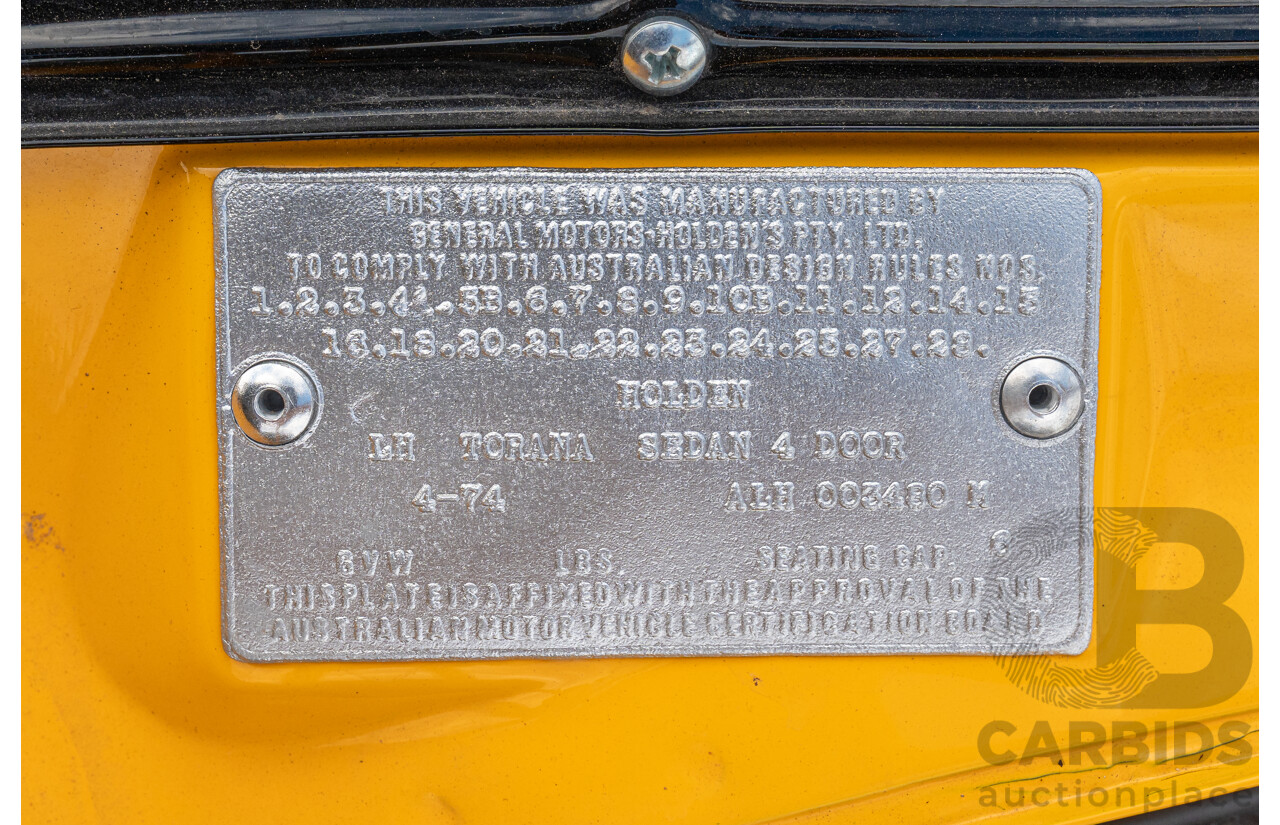 04/1974 Holden LH Torana SL/R 5000 Tribute 4d Sedan Chrome Yellow / Black V8 5.0L - Modified