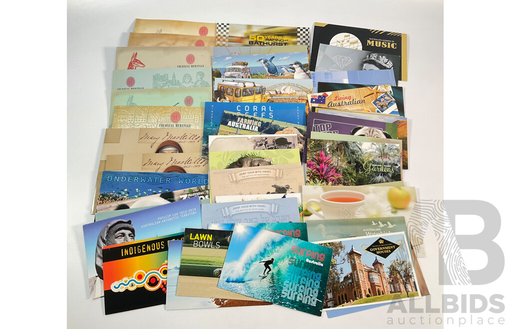 Forty Four Australian Mint Stamp Packs Including Three Colonial Heritage (Ten Dollar Stamps) Australian Zoos, 50 Years Racing at Bathurst, Phillip Island, Coral Reefs, Surfing Australia and More Face Value Approximately $250