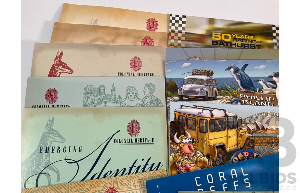 Forty Four Australian Mint Stamp Packs Including Three Colonial Heritage (Ten Dollar Stamps) Australian Zoos, 50 Years Racing at Bathurst, Phillip Island, Coral Reefs, Surfing Australia and More Face Value Approximately $250