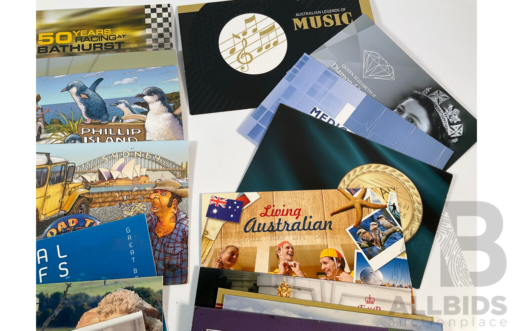 Forty Four Australian Mint Stamp Packs Including Three Colonial Heritage (Ten Dollar Stamps) Australian Zoos, 50 Years Racing at Bathurst, Phillip Island, Coral Reefs, Surfing Australia and More Face Value Approximately $250