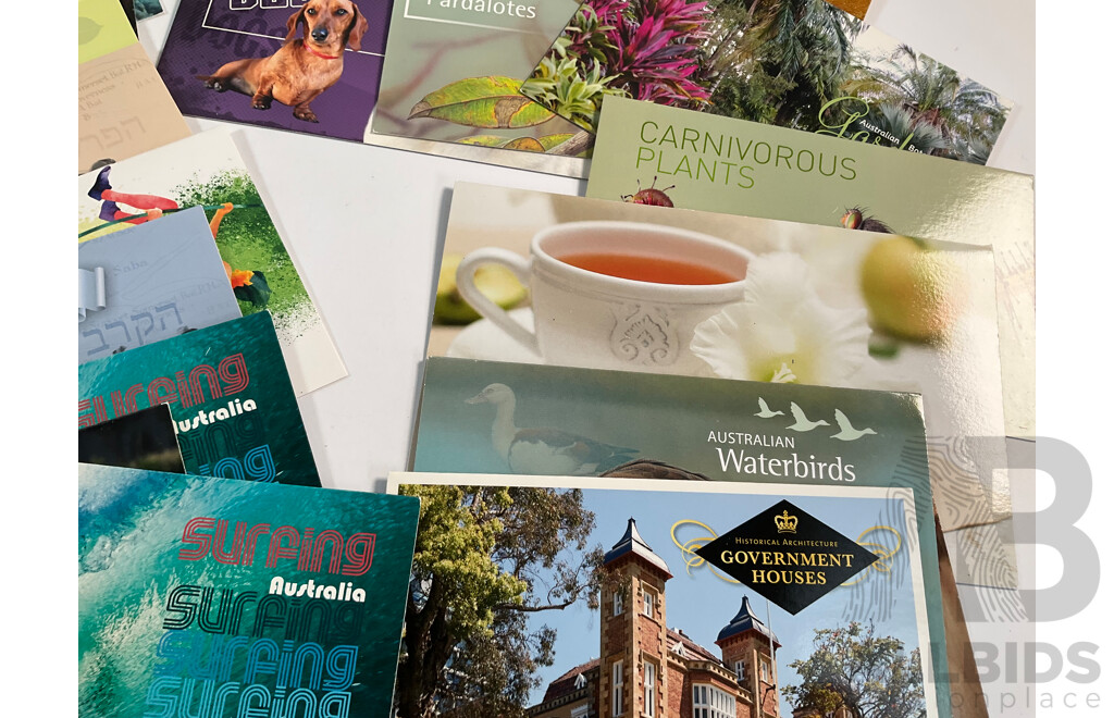 Forty Four Australian Mint Stamp Packs Including Three Colonial Heritage (Ten Dollar Stamps) Australian Zoos, 50 Years Racing at Bathurst, Phillip Island, Coral Reefs, Surfing Australia and More Face Value Approximately $250