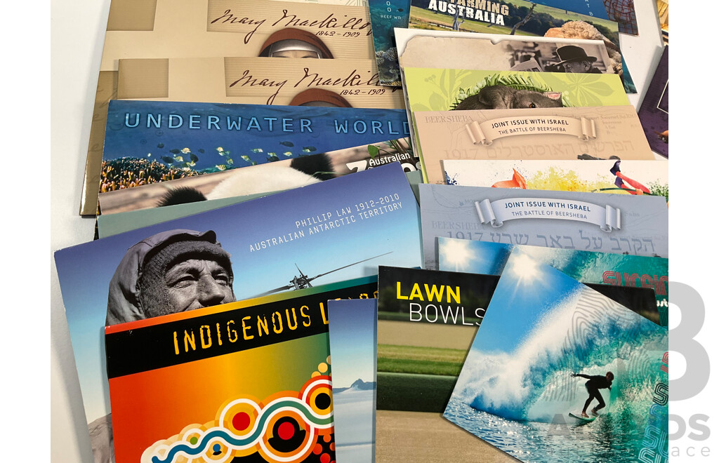 Forty Four Australian Mint Stamp Packs Including Three Colonial Heritage (Ten Dollar Stamps) Australian Zoos, 50 Years Racing at Bathurst, Phillip Island, Coral Reefs, Surfing Australia and More Face Value Approximately $250
