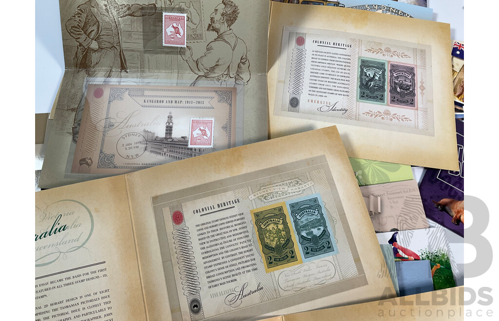 Forty Four Australian Mint Stamp Packs Including Three Colonial Heritage (Ten Dollar Stamps) Australian Zoos, 50 Years Racing at Bathurst, Phillip Island, Coral Reefs, Surfing Australia and More Face Value Approximately $250