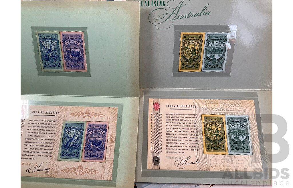 Forty Four Australian Mint Stamp Packs Including Three Colonial Heritage (Ten Dollar Stamps) Australian Zoos, 50 Years Racing at Bathurst, Phillip Island, Coral Reefs, Surfing Australia and More Face Value Approximately $250