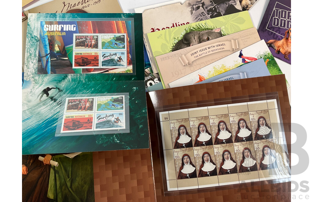 Forty Four Australian Mint Stamp Packs Including Three Colonial Heritage (Ten Dollar Stamps) Australian Zoos, 50 Years Racing at Bathurst, Phillip Island, Coral Reefs, Surfing Australia and More Face Value Approximately $250