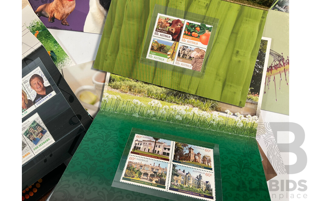 Forty Four Australian Mint Stamp Packs Including Three Colonial Heritage (Ten Dollar Stamps) Australian Zoos, 50 Years Racing at Bathurst, Phillip Island, Coral Reefs, Surfing Australia and More Face Value Approximately $250
