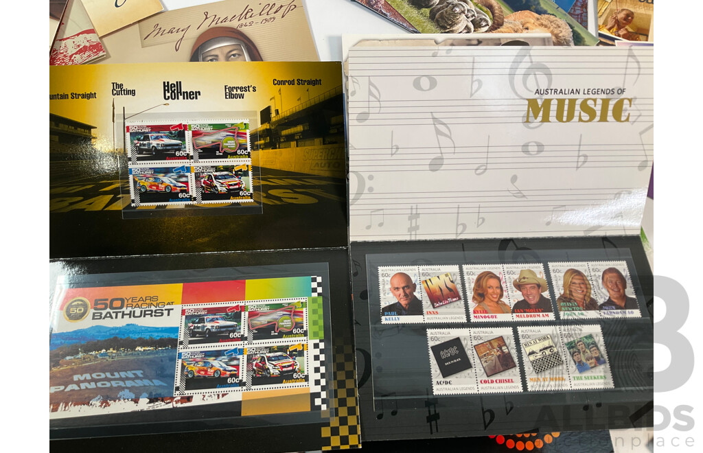 Forty Four Australian Mint Stamp Packs Including Three Colonial Heritage (Ten Dollar Stamps) Australian Zoos, 50 Years Racing at Bathurst, Phillip Island, Coral Reefs, Surfing Australia and More Face Value Approximately $250