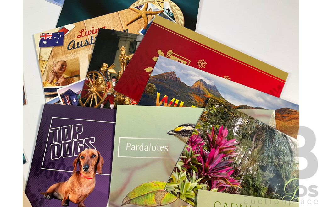 Forty Four Australian Mint Stamp Packs Including Three Colonial Heritage (Ten Dollar Stamps) Australian Zoos, 50 Years Racing at Bathurst, Phillip Island, Coral Reefs, Surfing Australia and More Face Value Approximately $250