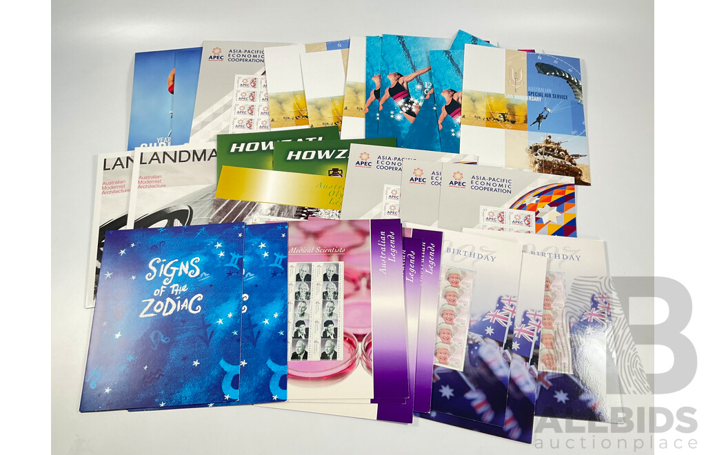 Twenty Eight Australian Mint Stamp Packs Including APEC, Year of the Surf Life Saver, Australian Special Air Service, Land Marks, Howzat!, Australian Legends and More Face Value Approximately $144