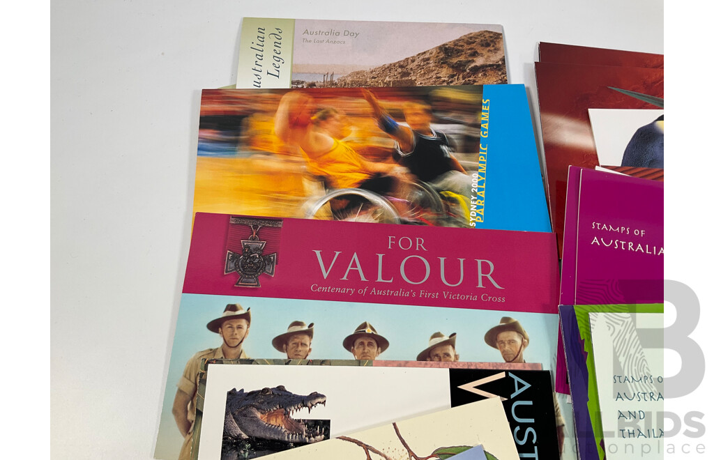 Collection of Australian Mint Stamp Packs, Mostly 2000-2002 Including Motor Racing, Thailand Joint Issues, Magic Rain Forest, Sydney/Athens, Arts Festivals, for Valour, Antarctic Penguins and More    - Face Value Approximately $130