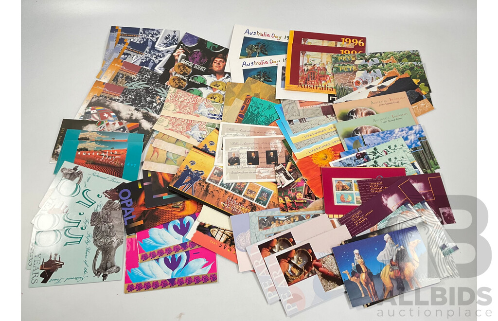 Collection of Australian Stamp Packs Spanning 1994 to 1996 Including Joint Issues, Pets, Australian Wildlife, Australia Remembers 1945, Thinking of You, World Heritage, Pearl Diamond, Opal and More - Face Value Over $200