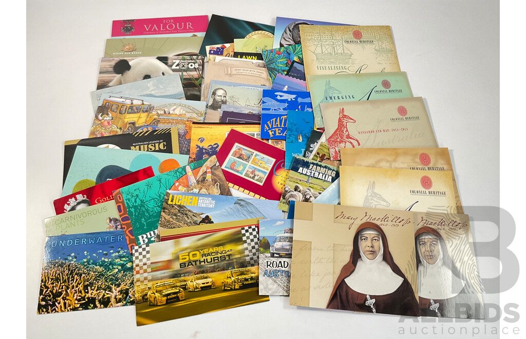 Fifty Four Australian Stamp Packs Including Colonial Heritage, Bush Babies, Headline News, Top Dogs, Fifty Years Racing at Bathurst, for Valour, Bunyips, Times to Cherish and More- Face Value Approximately $270