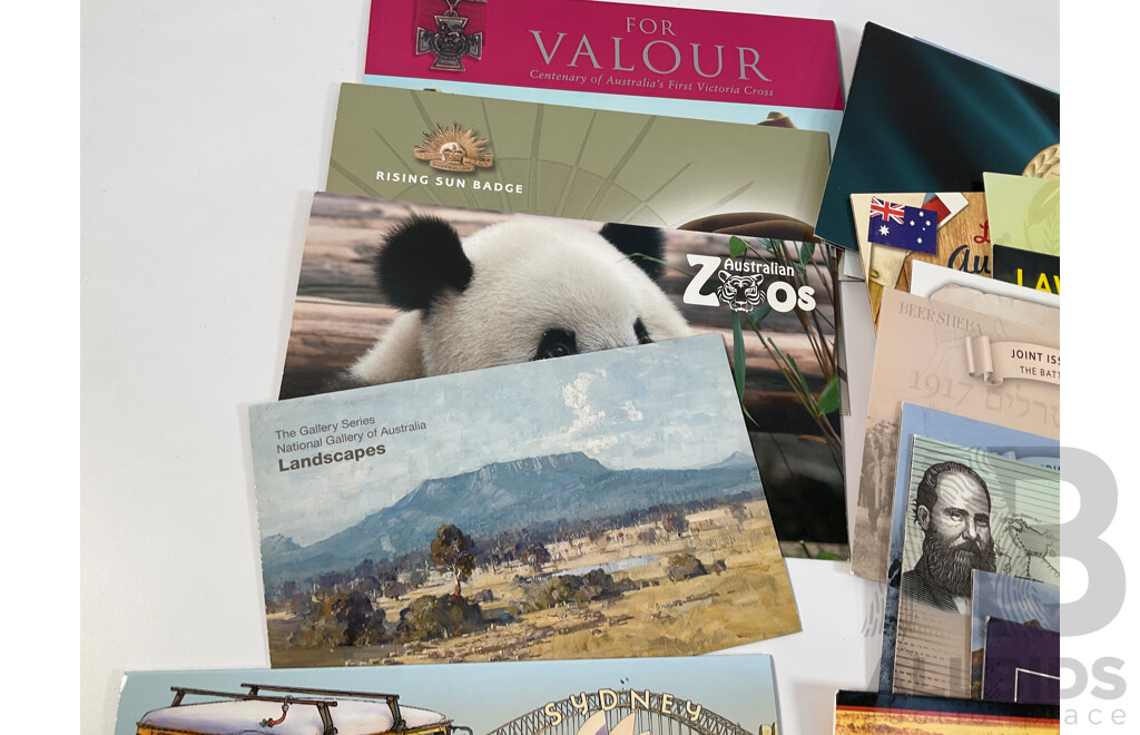 Fifty Four Australian Stamp Packs Including Colonial Heritage, Bush Babies, Headline News, Top Dogs, Fifty Years Racing at Bathurst, for Valour, Bunyips, Times to Cherish and More- Face Value Approximately $270