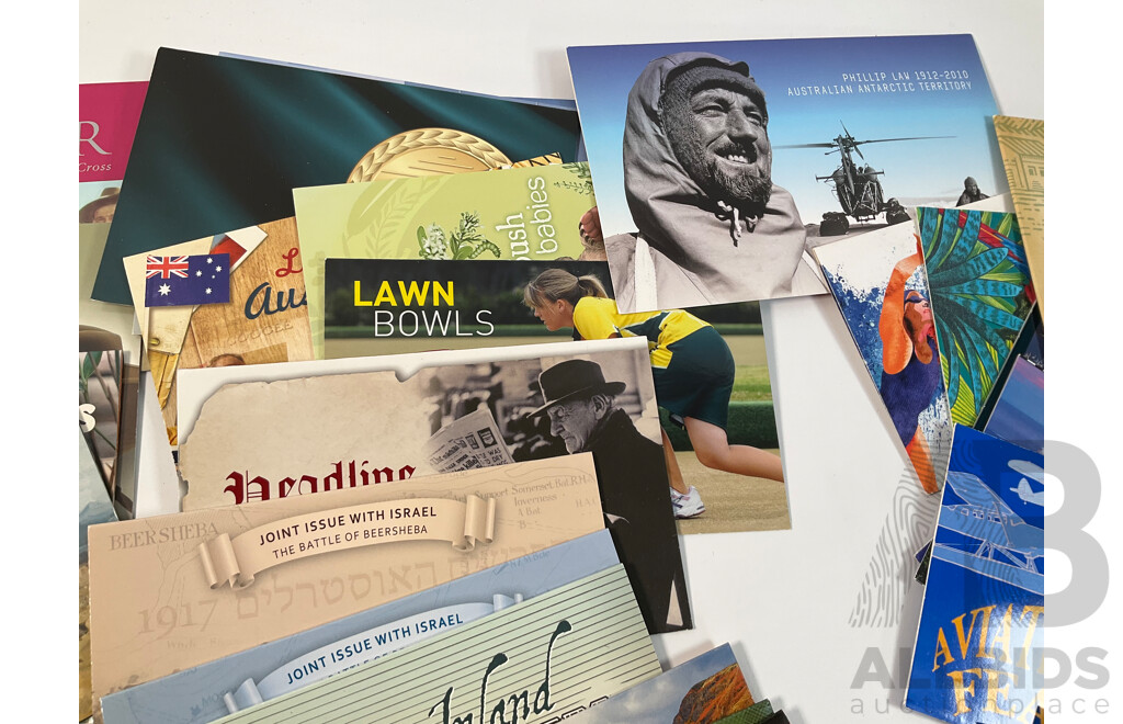 Fifty Four Australian Stamp Packs Including Colonial Heritage, Bush Babies, Headline News, Top Dogs, Fifty Years Racing at Bathurst, for Valour, Bunyips, Times to Cherish and More- Face Value Approximately $270