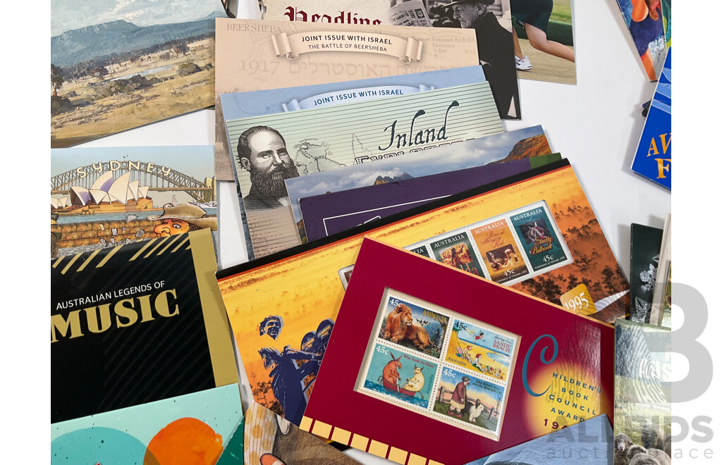 Fifty Four Australian Stamp Packs Including Colonial Heritage, Bush Babies, Headline News, Top Dogs, Fifty Years Racing at Bathurst, for Valour, Bunyips, Times to Cherish and More- Face Value Approximately $270
