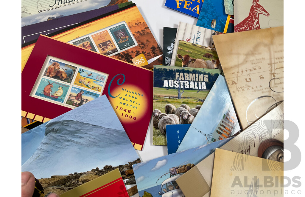 Fifty Four Australian Stamp Packs Including Colonial Heritage, Bush Babies, Headline News, Top Dogs, Fifty Years Racing at Bathurst, for Valour, Bunyips, Times to Cherish and More- Face Value Approximately $270