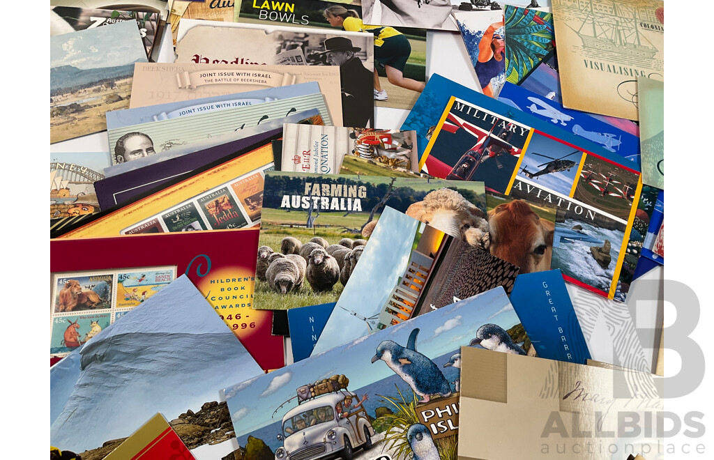 Fifty Four Australian Stamp Packs Including Colonial Heritage, Bush Babies, Headline News, Top Dogs, Fifty Years Racing at Bathurst, for Valour, Bunyips, Times to Cherish and More- Face Value Approximately $270