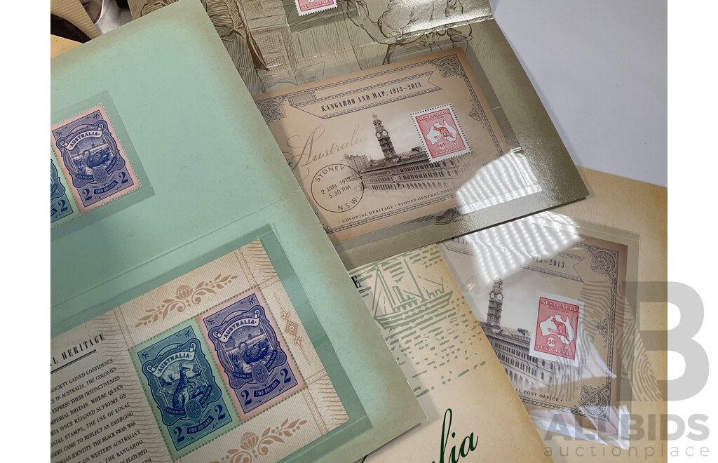 Fifty Four Australian Stamp Packs Including Colonial Heritage, Bush Babies, Headline News, Top Dogs, Fifty Years Racing at Bathurst, for Valour, Bunyips, Times to Cherish and More- Face Value Approximately $270