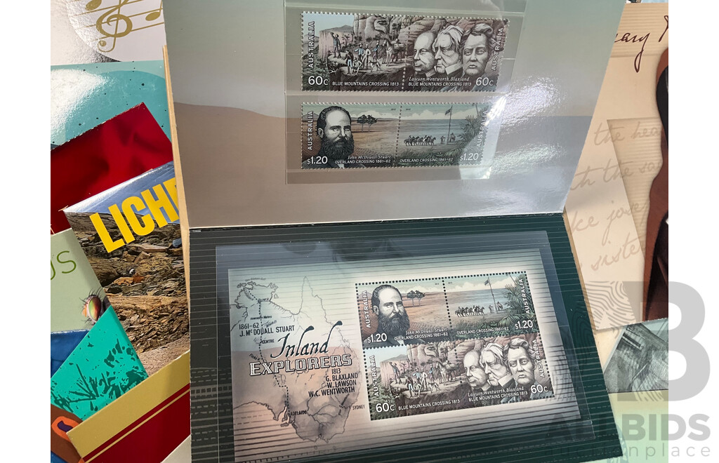 Fifty Four Australian Stamp Packs Including Colonial Heritage, Bush Babies, Headline News, Top Dogs, Fifty Years Racing at Bathurst, for Valour, Bunyips, Times to Cherish and More- Face Value Approximately $270