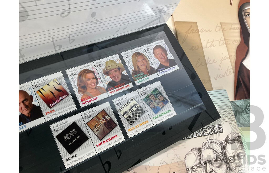 Fifty Four Australian Stamp Packs Including Colonial Heritage, Bush Babies, Headline News, Top Dogs, Fifty Years Racing at Bathurst, for Valour, Bunyips, Times to Cherish and More- Face Value Approximately $270