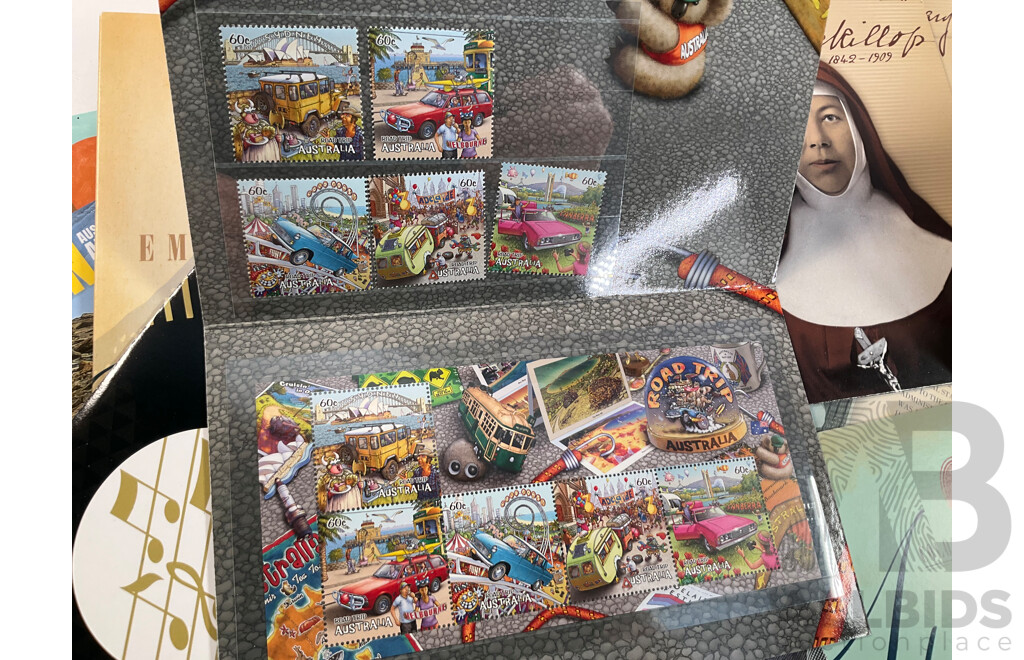 Fifty Four Australian Stamp Packs Including Colonial Heritage, Bush Babies, Headline News, Top Dogs, Fifty Years Racing at Bathurst, for Valour, Bunyips, Times to Cherish and More- Face Value Approximately $270