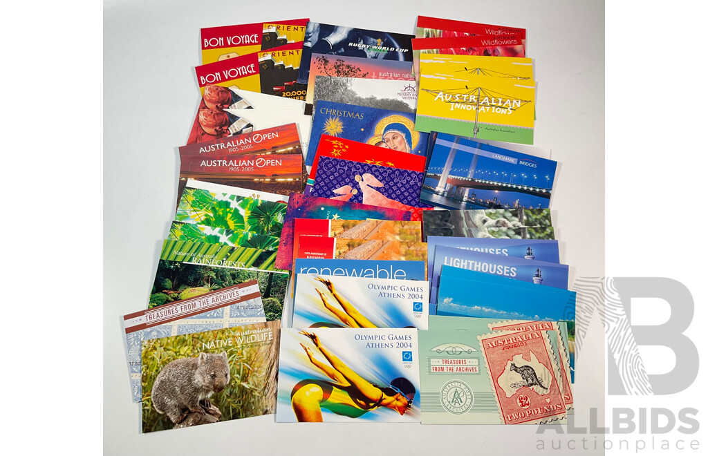 Forty Two Australian Mint Stamp Packs Including Australian Innovations, Tasmania 1804-2004, Treasures From the Archives, 150th Anniversary Railways in Australia, Sports Treasures and More, Face Value Approximately $185