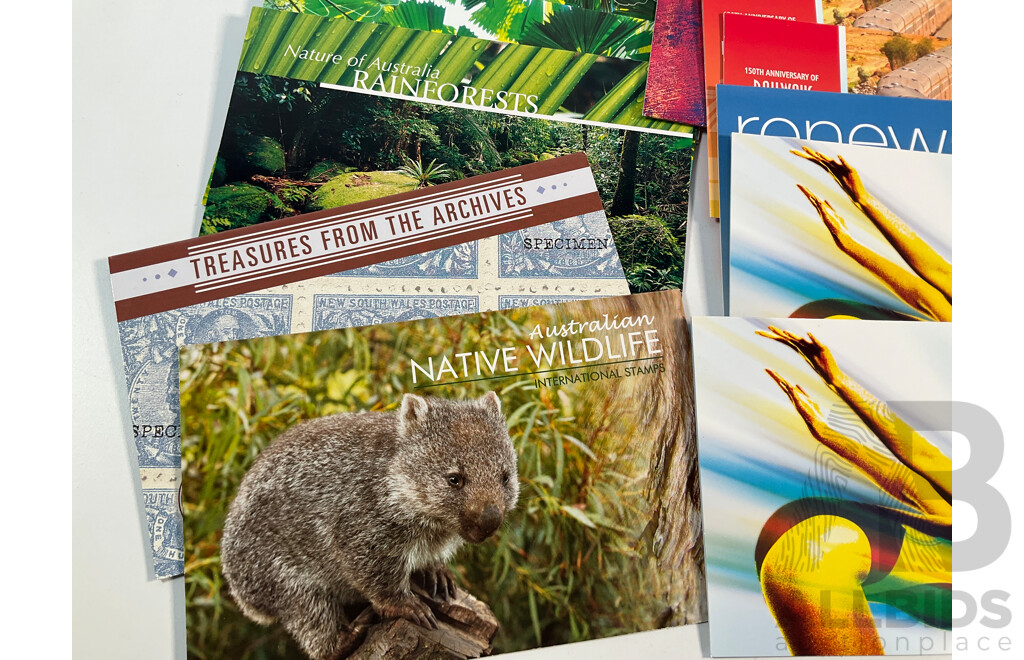 Forty Two Australian Mint Stamp Packs Including Australian Innovations, Tasmania 1804-2004, Treasures From the Archives, 150th Anniversary Railways in Australia, Sports Treasures and More, Face Value Approximately $185