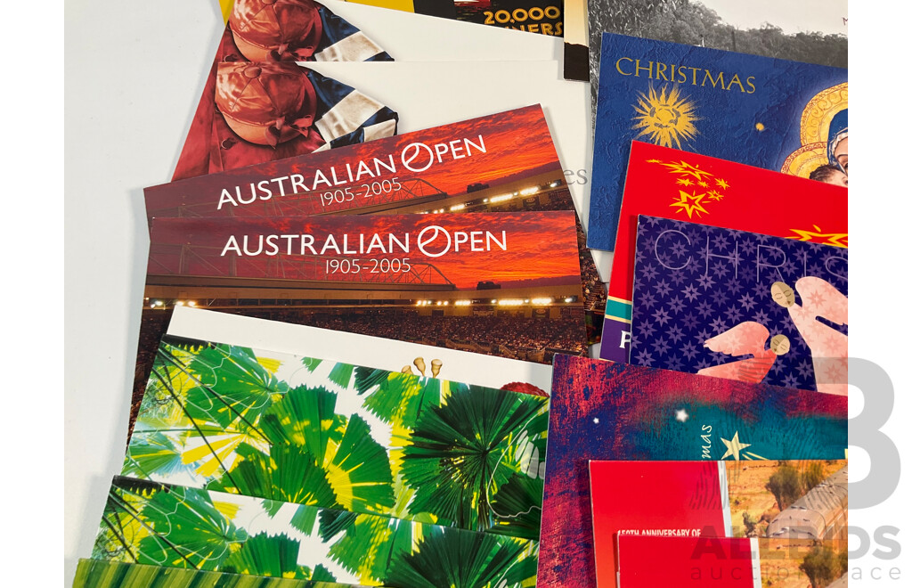Forty Two Australian Mint Stamp Packs Including Australian Innovations, Tasmania 1804-2004, Treasures From the Archives, 150th Anniversary Railways in Australia, Sports Treasures and More, Face Value Approximately $185