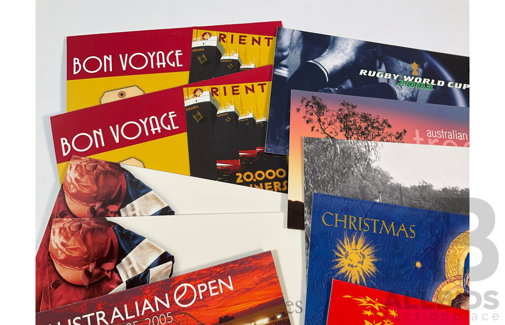 Forty Two Australian Mint Stamp Packs Including Australian Innovations, Tasmania 1804-2004, Treasures From the Archives, 150th Anniversary Railways in Australia, Sports Treasures and More, Face Value Approximately $185